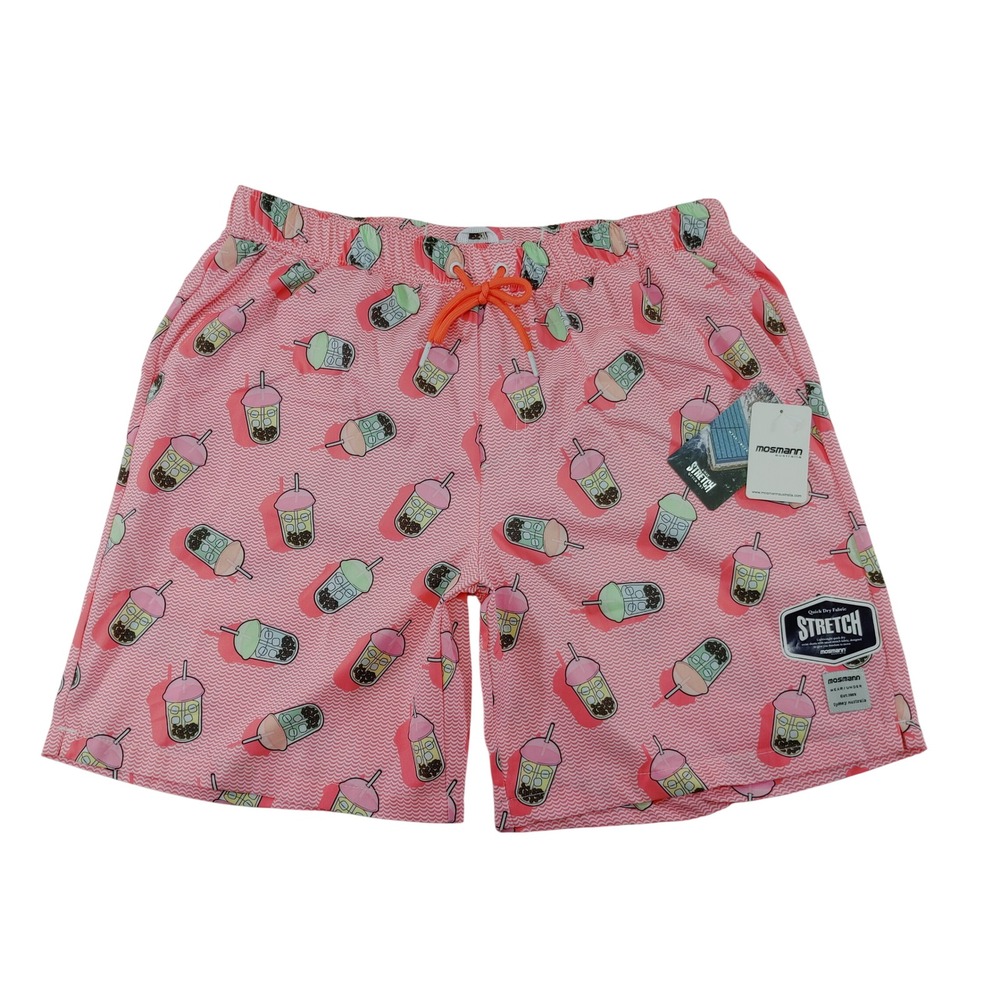 Mosmann Australia Mens XL Pink Boba Tea Print Swim Trunks Stretch Board‎ Shorts